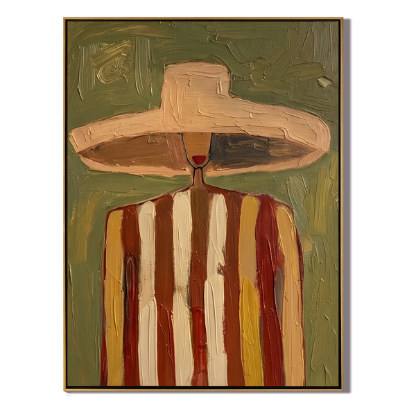 The Striped Wanderer – Vintage Americana Sombrero Figure Folk Painting | Colorful Western Entryway Art