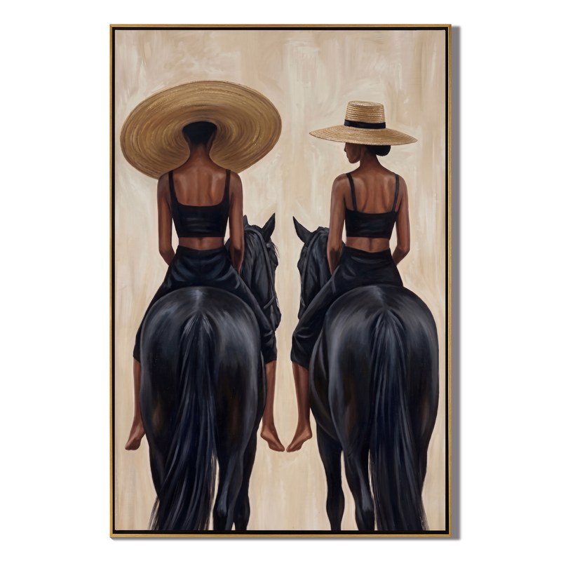 Riding Sisters – Vintage Americana Two Women on Black Horses Painting | Luxury Modern Living Room Art