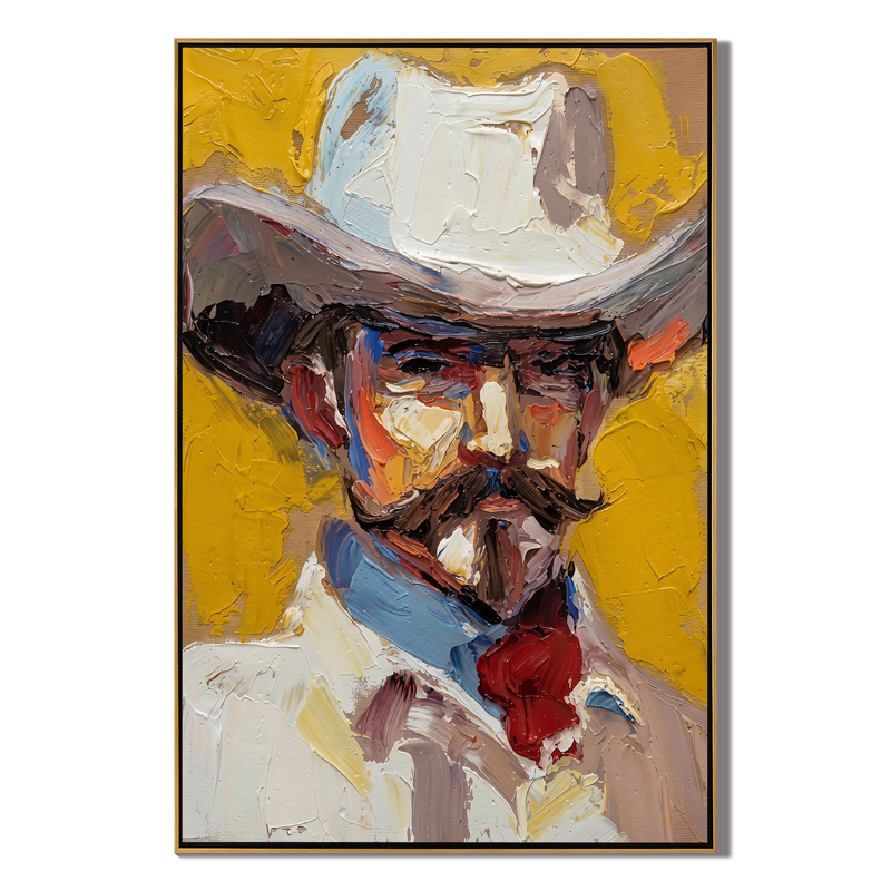 Frontier Face – Vintage Americana Impasto Cowboy Portrait Painting | Bold Colorful Living Room Art