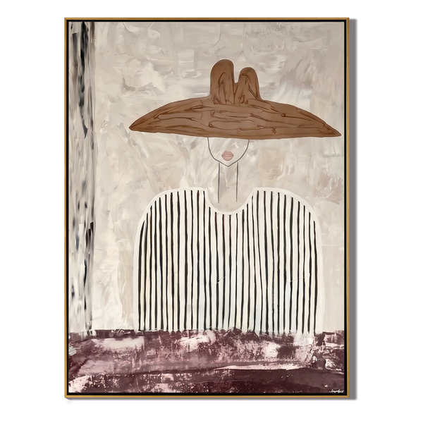 The Brown Brim – Vintage Americana Minimalist Woman in Hat Painting | Wabi-Sabi Living Room Art