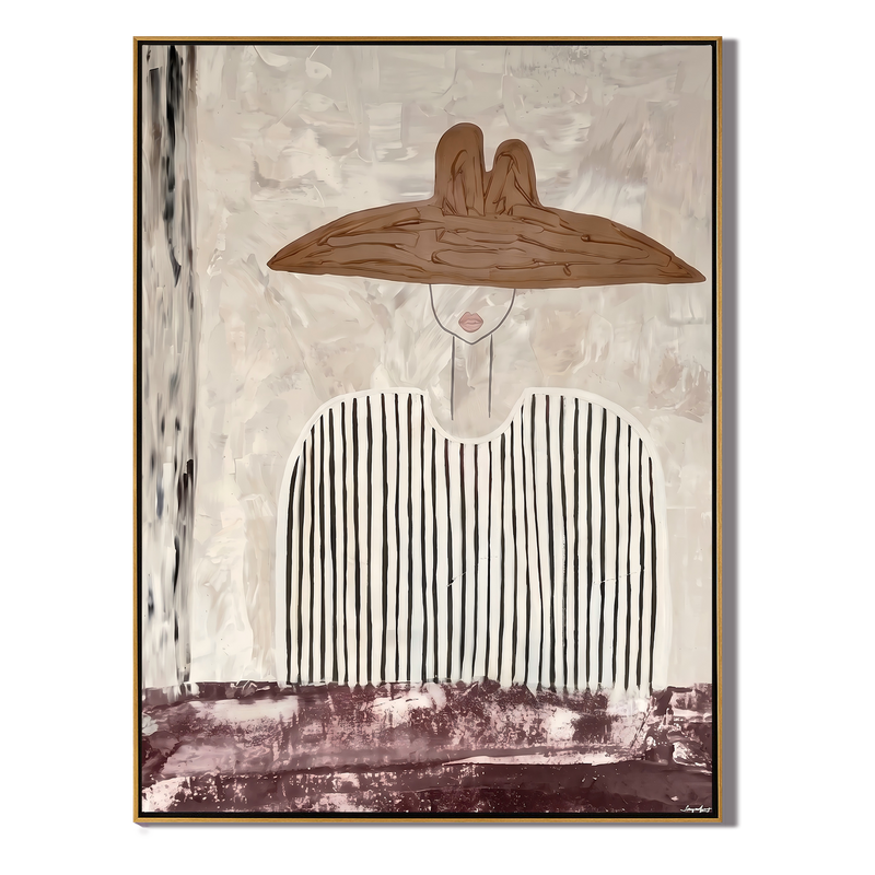The Brown Brim – Vintage Americana Minimalist Woman in Hat Painting | Wabi-Sabi Living Room Art
