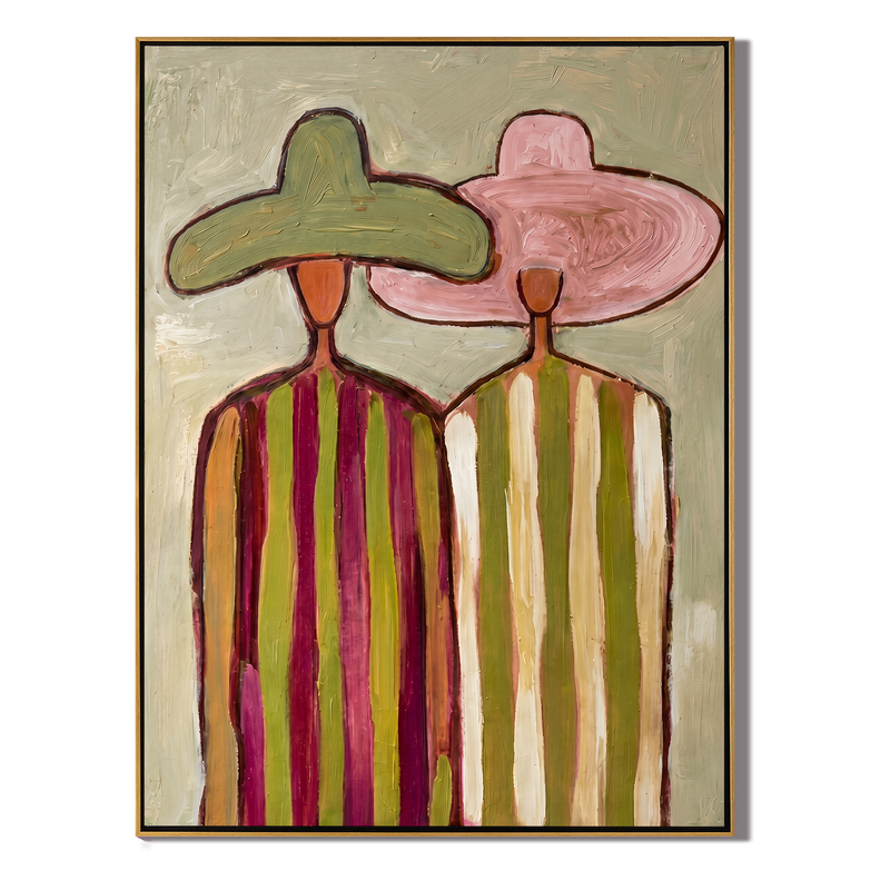 Two Sombreros – Vintage Americana Colorful Couple in Hats Painting | Vibrant Western Living Room Art
