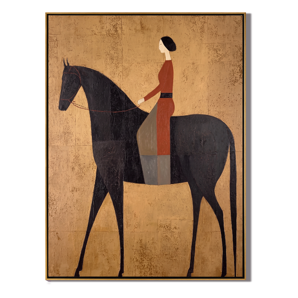 Golden Saddle – Vintage Americana Woman Rider on Black Horse Painting | Modern Luxury Bedroom Art