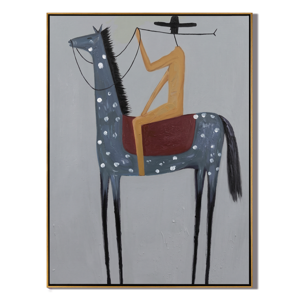 The Spotted Pony – Vintage Americana Minimalist Rider on Grey Horse Painting | Contemporary Hallway Art