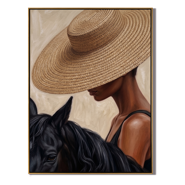 Hat & Mane – Vintage Americana Woman with Black Horse Portrait Painting | Warm Farmhouse Living Room Art