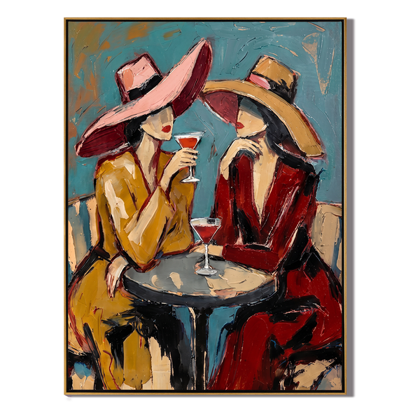 Ladies at Dusk – Vintage Americana Two Women with Cocktails Painting | Colorful Modern Living Room Art