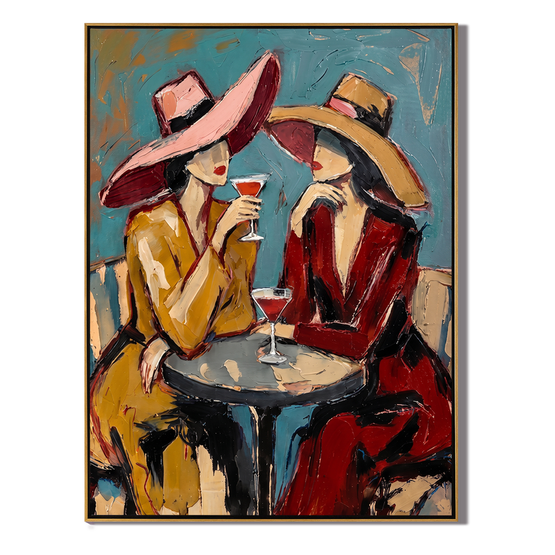 Ladies at Dusk – Vintage Americana Two Women with Cocktails Painting | Colorful Modern Living Room Art