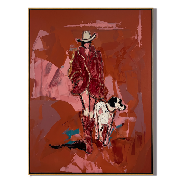 Red Coat Walk – Vintage Americana Cowgirl & Dog Painting | Bold Western Entryway Art