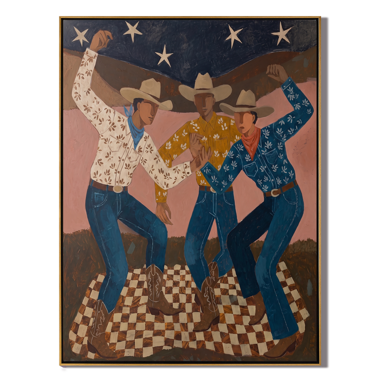 Three Stars Dance – Vintage Americana Cowboys Dancing Under Stars Painting | Festive Western Living Room Art