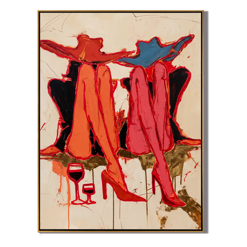Wine & Heels – Vintage Americana Expressive Women Painting | Bold Modern Living Room Art