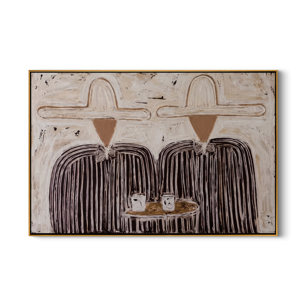 Two Hats One Table – Vintage Americana Minimal Cowboy Duo Painting | Rustic Farmhouse Art