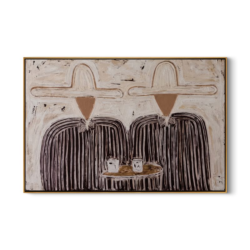 Two Hats One Table – Vintage Americana Minimal Cowboy Duo Painting | Rustic Farmhouse Art