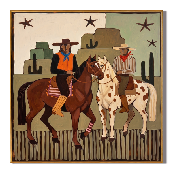 Desert Stars – Vintage Americana Two Cowboys in Desert Landscape Painting | Folk Art Western Living Room Art