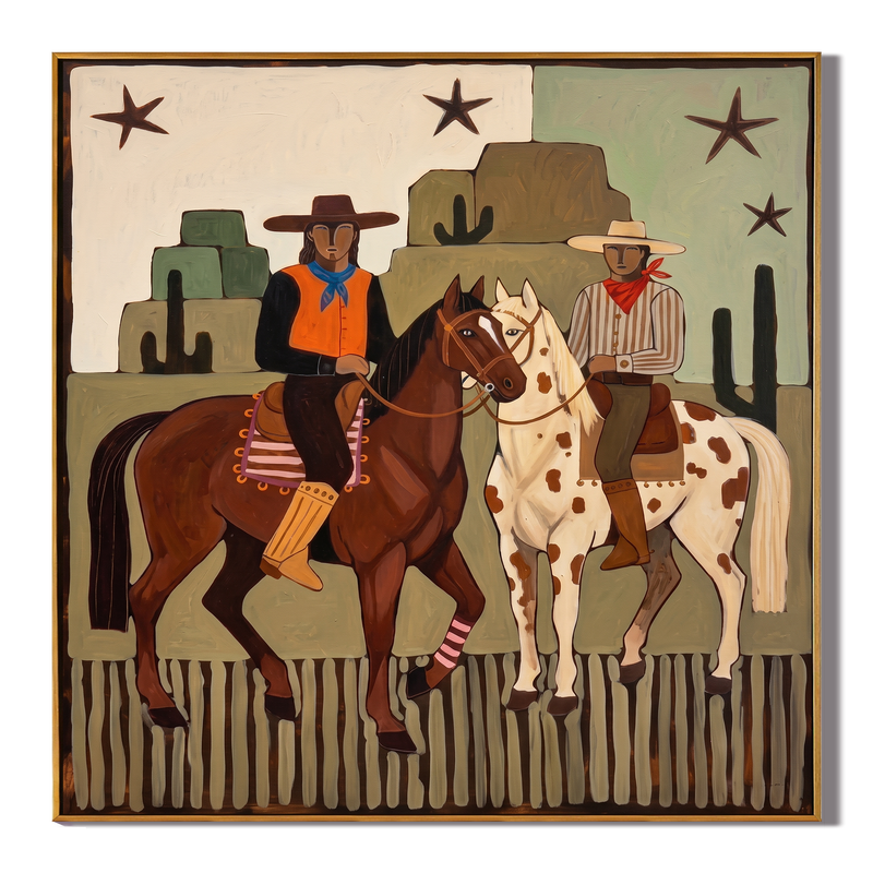 Desert Stars – Vintage Americana Two Cowboys in Desert Landscape Painting | Folk Art Western Living Room Art