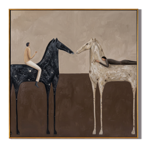 Pasture Meeting – Vintage Americana Two Horses & Riders Painting | Contemporary Square Living Room Art