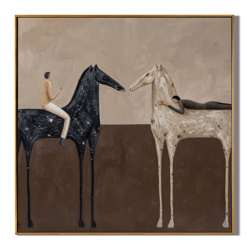 Pasture Meeting – Vintage Americana Two Horses & Riders Painting | Contemporary Square Living Room Art