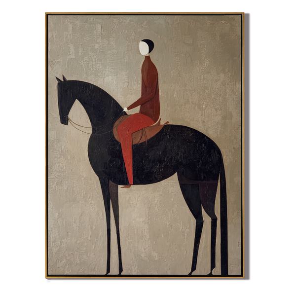 Red in the Saddle – Vintage Americana Rider on Black Horse Painting | Moody Modern Living Room Art
