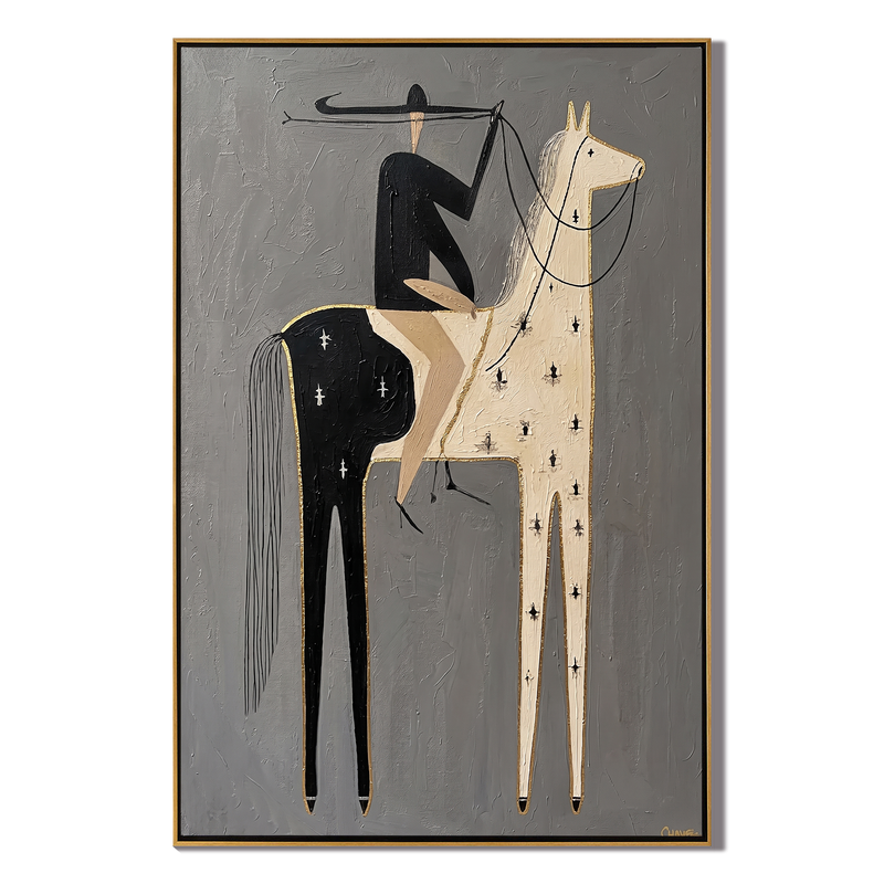 Black & Cream – Vintage Americana Minimalist Rider on Pinto Horse Painting | Contemporary Hallway Art