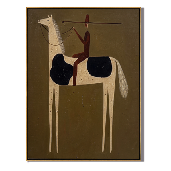 The Spear Rider – Vintage Americana Native-Inspired Rider & Pinto Horse Painting | Folk Art Hallway Art