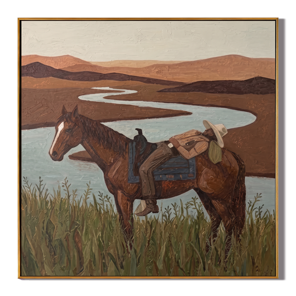 River Rest – Vintage Americana Cowboy Resting by River Painting | Scenic Western Living Room Art