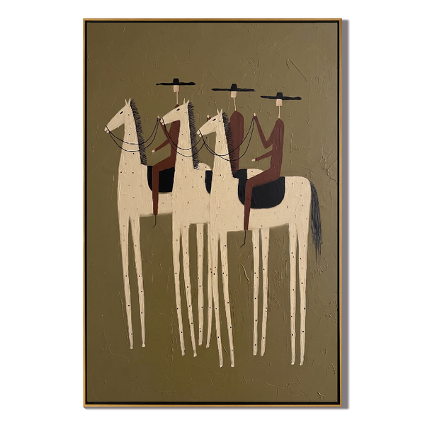 Three White Horses – Vintage Americana Three Riders on Pale Horses Painting | Rustic Living Room Art