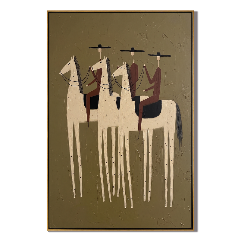 Three White Horses – Vintage Americana Three Riders on Pale Horses Painting | Rustic Living Room Art