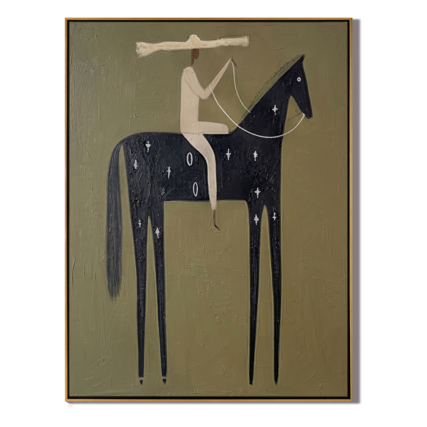 The Night Mare – Vintage Americana Rider on Star-Dotted Black Horse Painting | Folk Art Living Room Art
