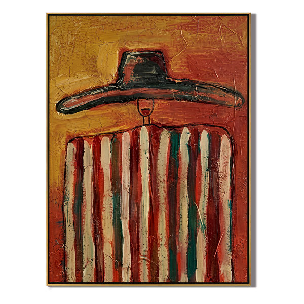 The Red Sombrero – Vintage Americana Colorful Striped Figure Painting | Bold Western Entryway Art