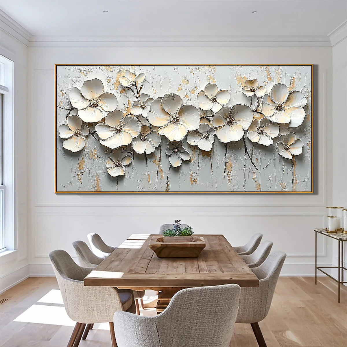 Golden Radiance – Modern Luxury White and Gold Floral Painting | Heavy Textured Living Room Art