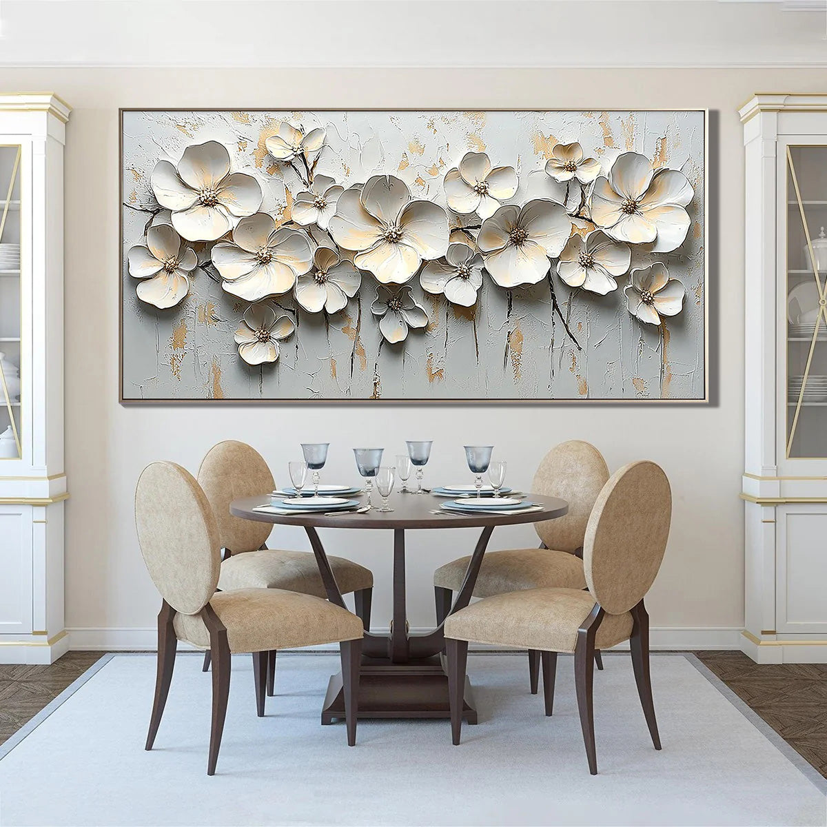 Golden Radiance – Modern Luxury White and Gold Floral Painting | Heavy Textured Living Room Art