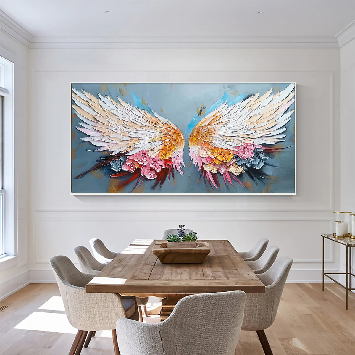 Celestial Wings – Hand-Painted Floral Palette Knife 3D Angel Painting | Contemporary Botanical Bedroom & Living Room Art