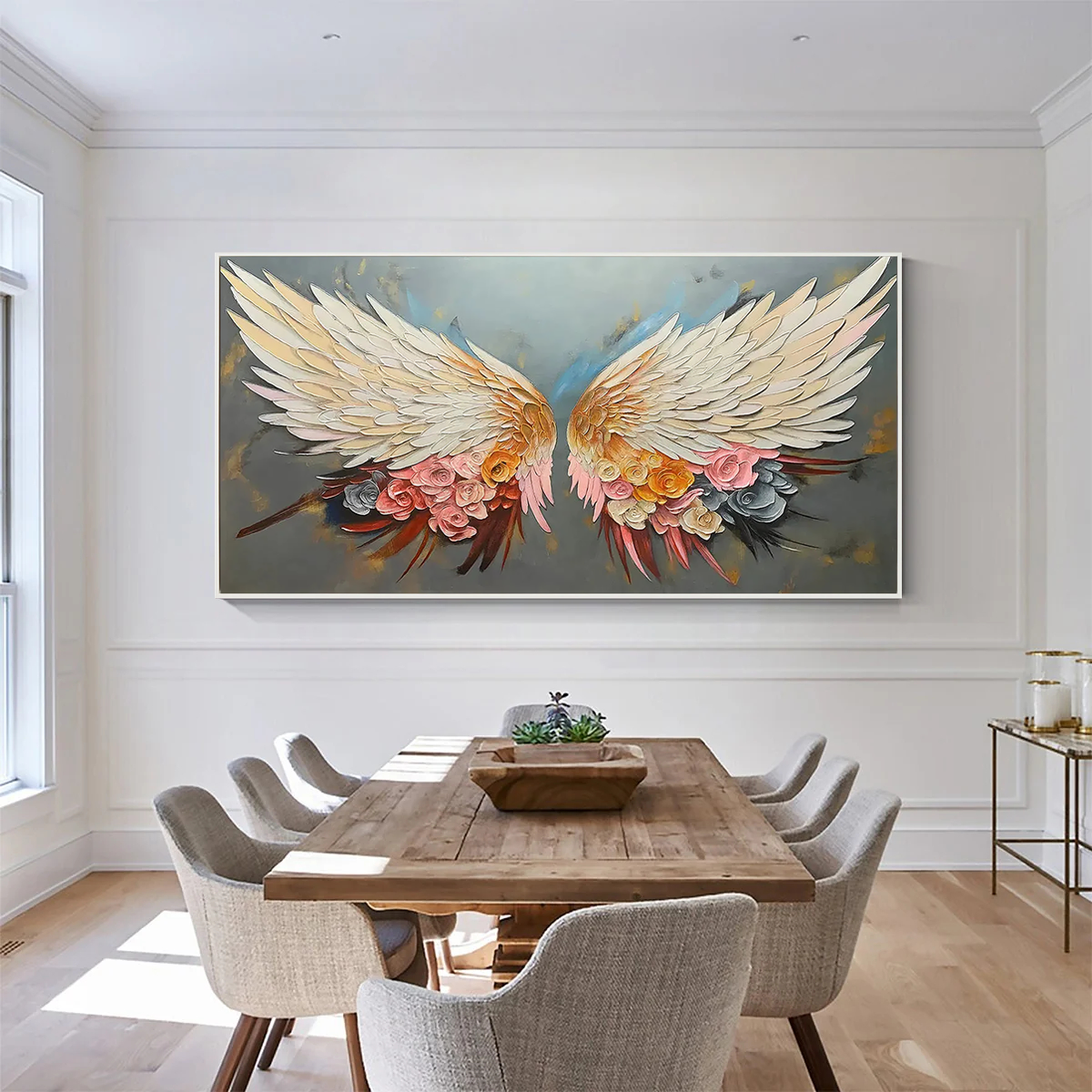 Angelic Bloom – White Feather & Pink Floral Relief Texture Painting | Contemporary Botanical Bedroom & Living Room Art