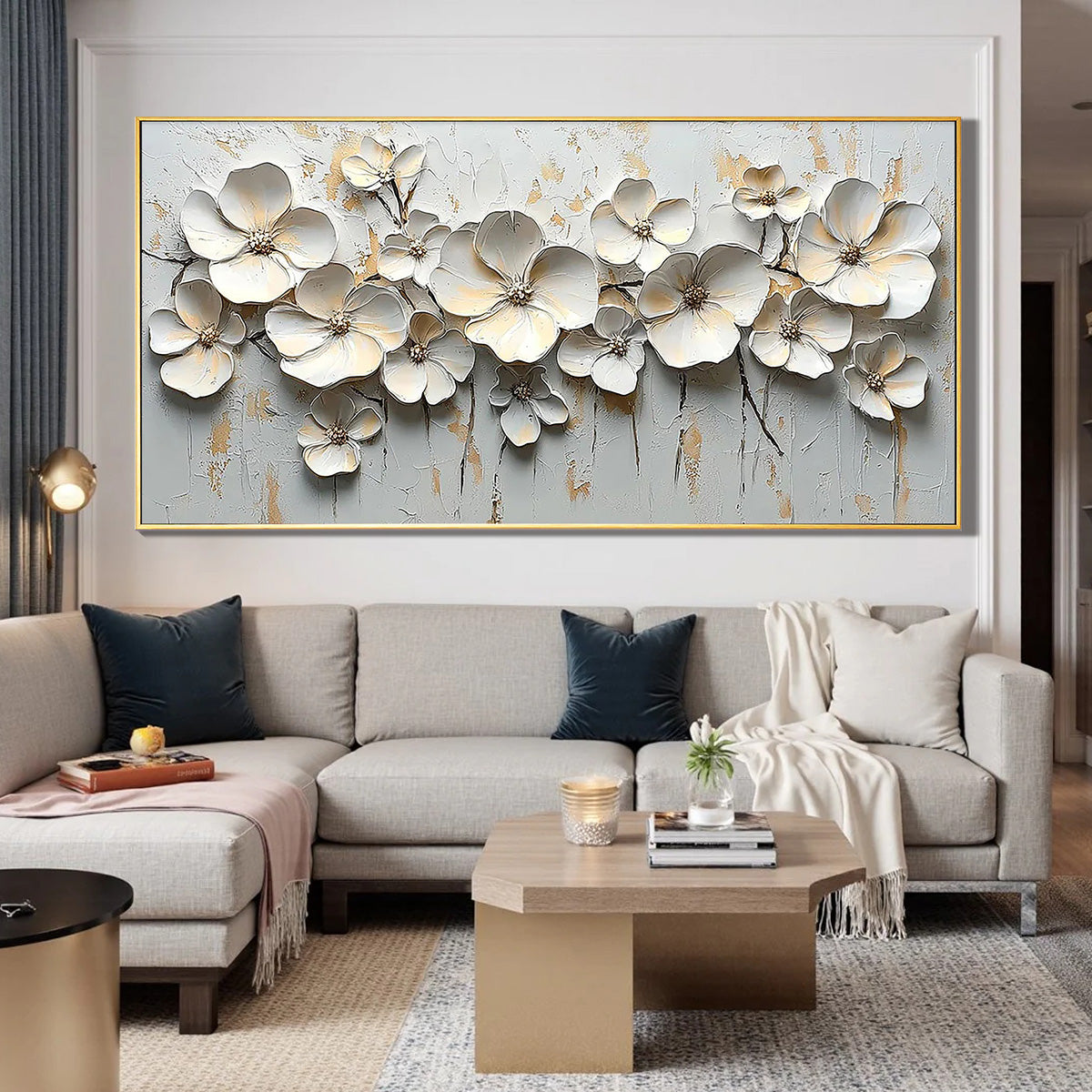 Golden Radiance – Modern Luxury White and Gold Floral Painting | Heavy Textured Living Room Art