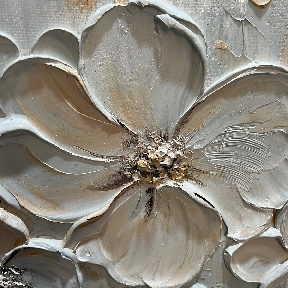 Golden Radiance – Modern Luxury White and Gold Floral Painting | Heavy Textured Living Room Art
