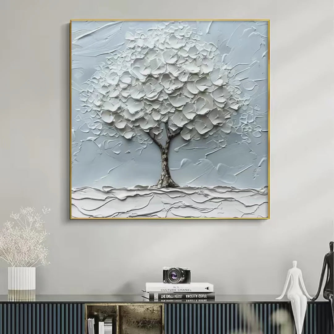 Sacred Solitude – Minimalist Heavy Impasto White Tree of Life | Wabi-Sabi Square Living Room Wall Art