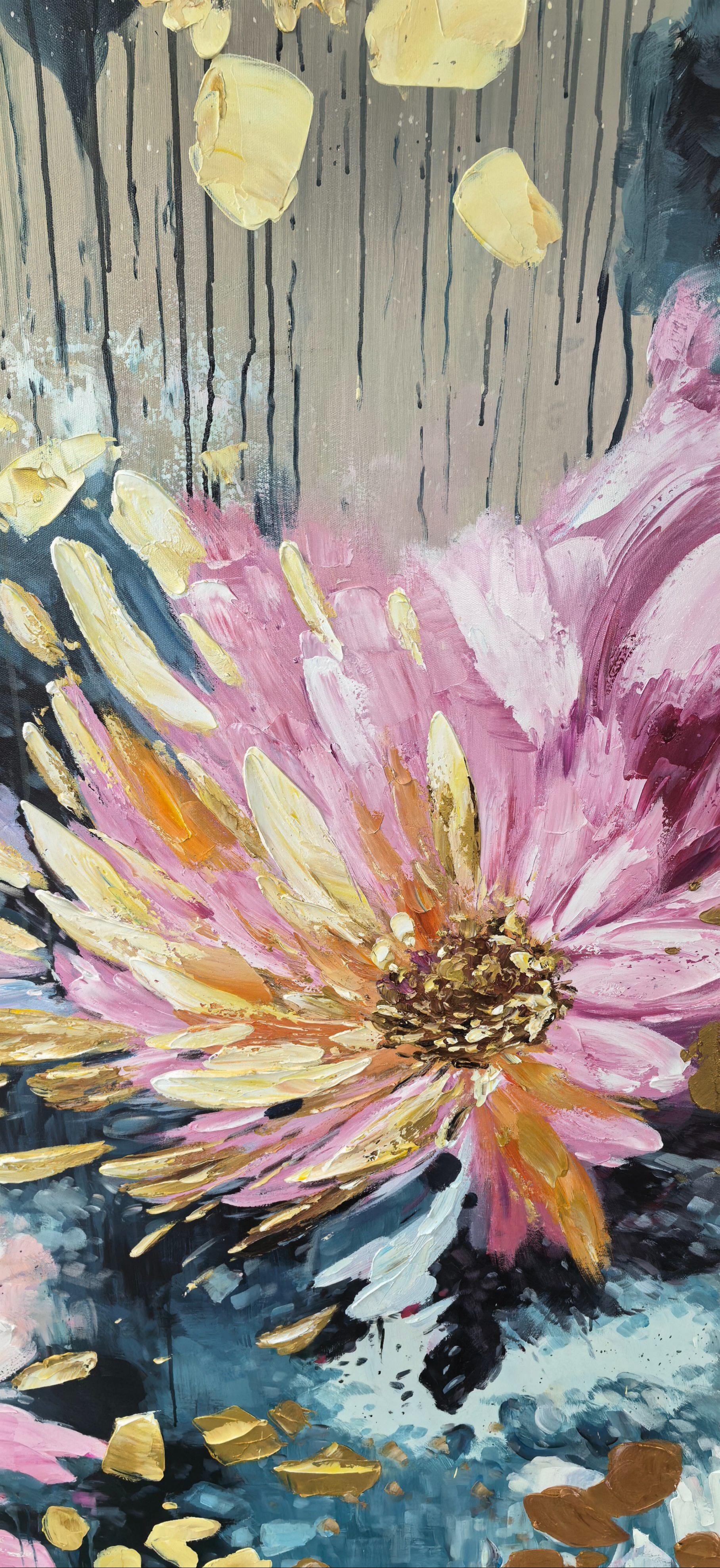 Aurora Bloom – Hand-Painted Multicolored Pink and Teal Gold Foil Abstract Floral Painting | Modern Luxury Botanical Bedroom & Living Room Art