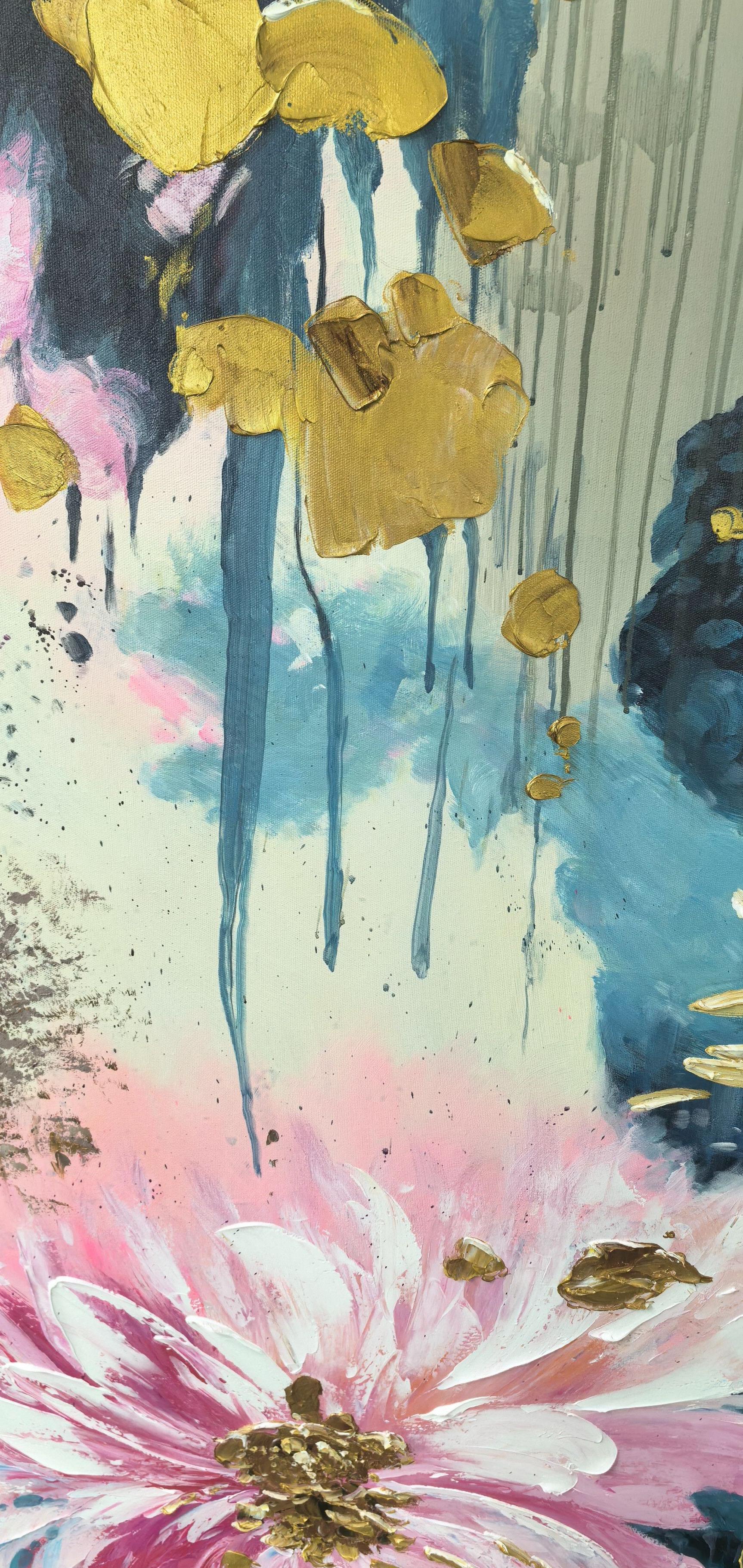 Aurora Bloom – Hand-Painted Multicolored Pink and Teal Gold Foil Abstract Floral Painting | Modern Luxury Botanical Bedroom & Living Room Art