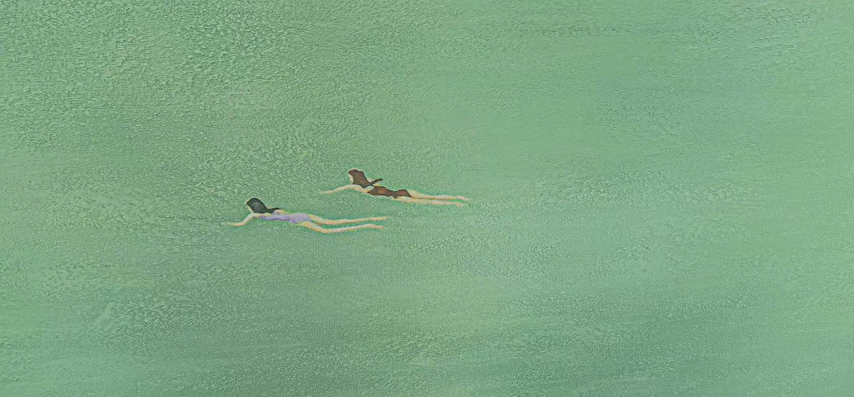 Mint Summer – Modern Minimalist Swimmers in Mint Green Canvas Art | Panoramic Landscape Living Room Art