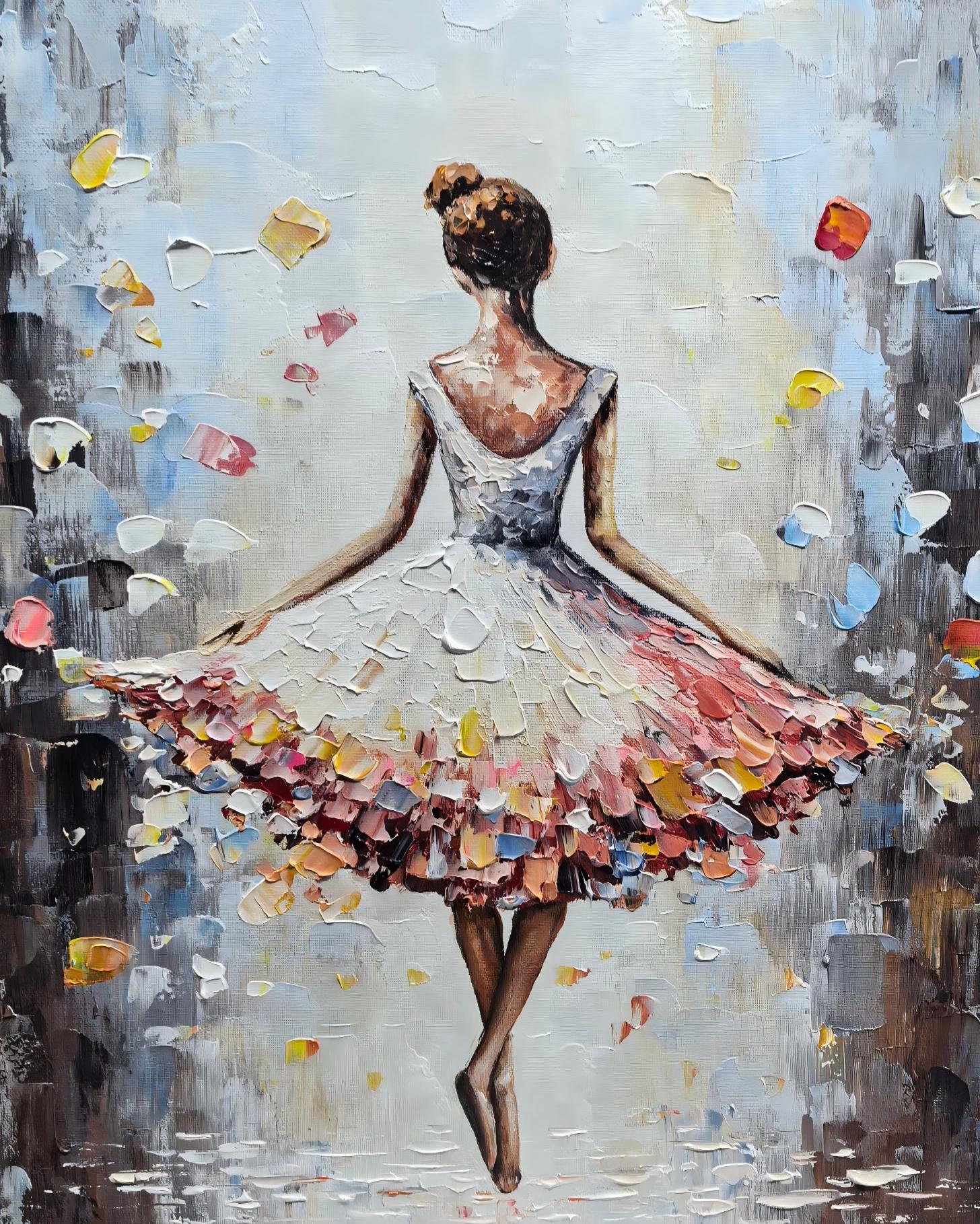 Vibrant Ballerina – Hand-Painted Dancer Figure Floral Skirt 3D Palette Knife Portrait Painting | Vibrant Botanical Living Room & Dining Room Art