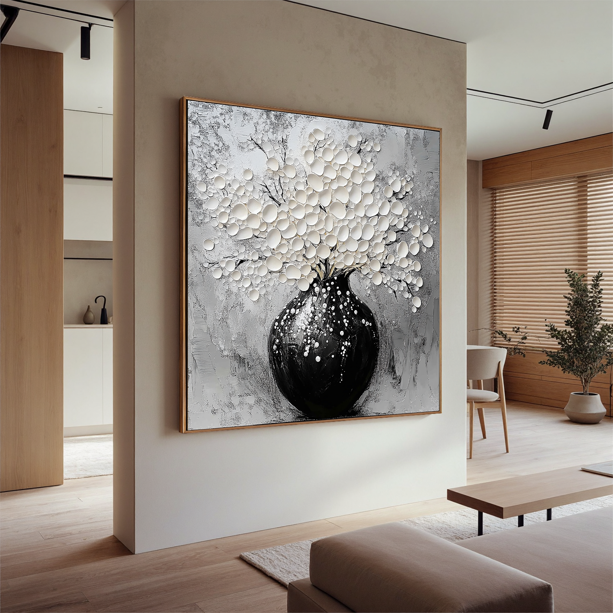 Serene Bloom – Modern Black-and-White Minimalist Relief Texture Painting |  White-Flower Hallway Art