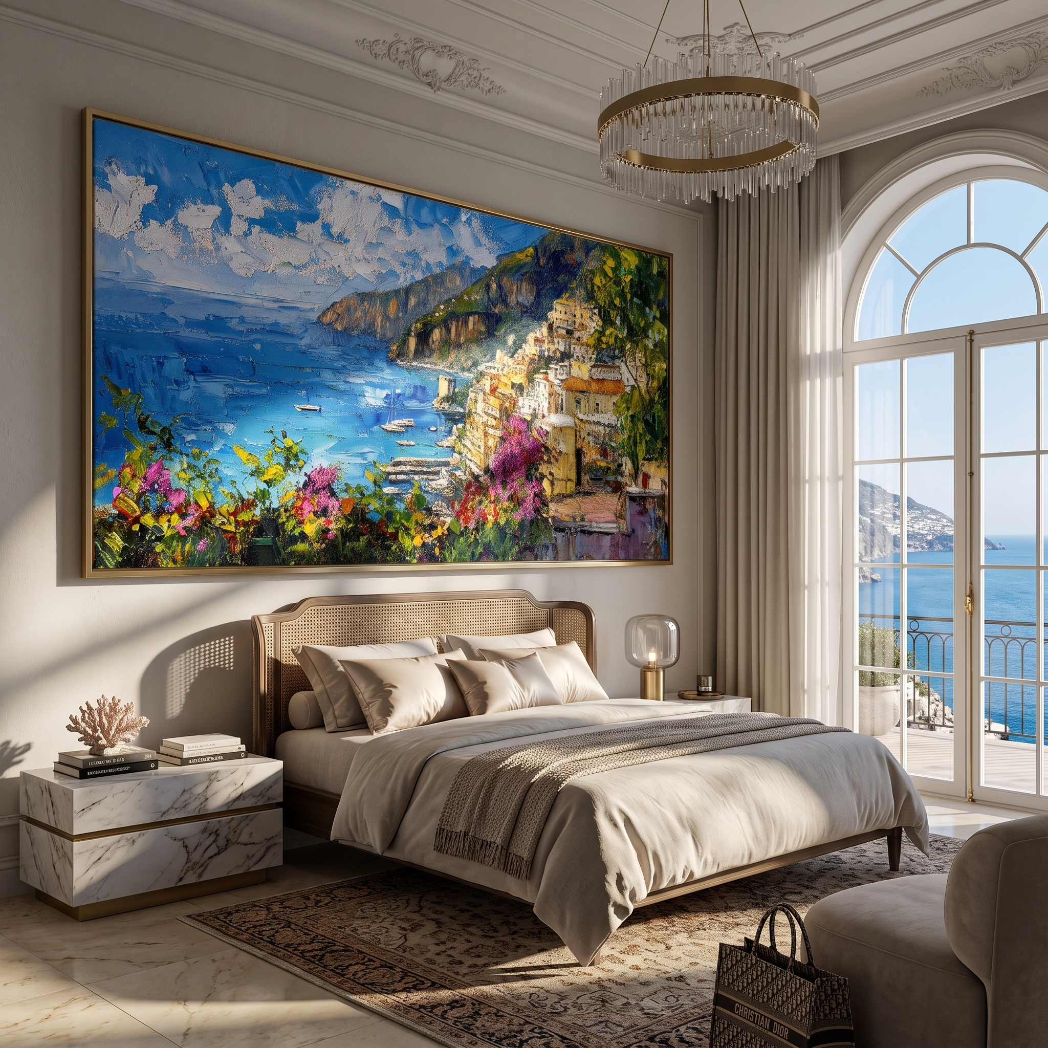 Golden Coast Panorama – blue and green panoramic cliffside village painting, horizontal hand-painted canvas art
