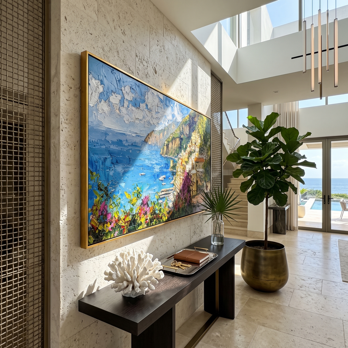 Panoramic coastal painting above a home office credenza with bookshelves