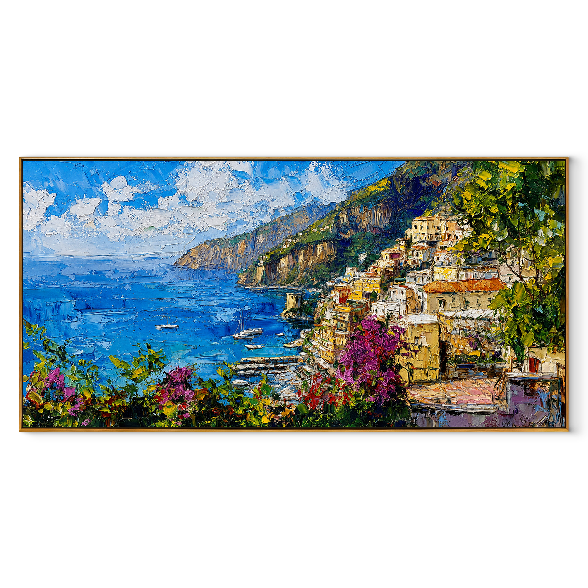 Golden Coast Panorama painting in a wood frame on a white background