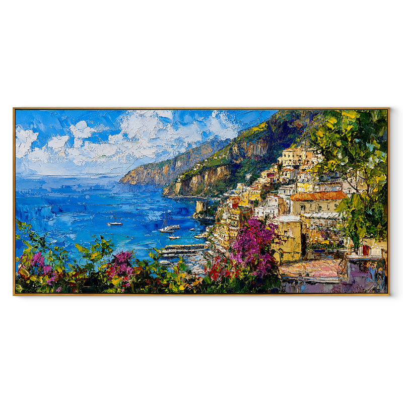 Golden Coast Panorama – Blue & Green Cliffside Village Painting | Coastal Panoramic Living Room Wall Art