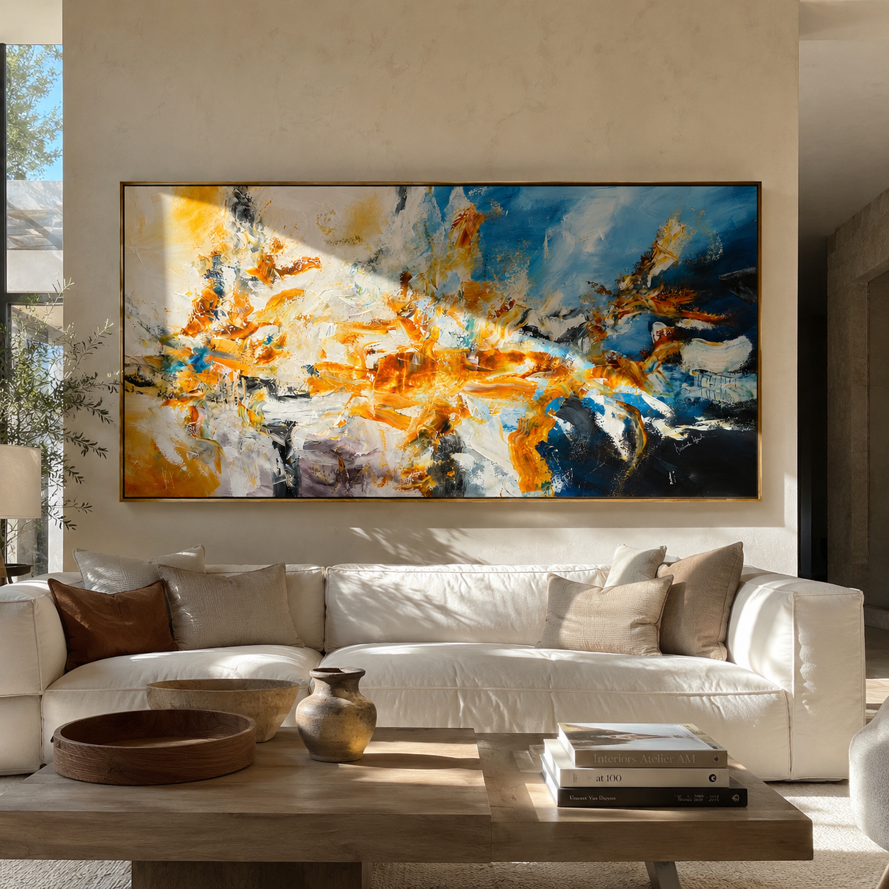 Blaze Against Blue – amber and navy abstract expressionist painting, horizontal hand-painted canvas art