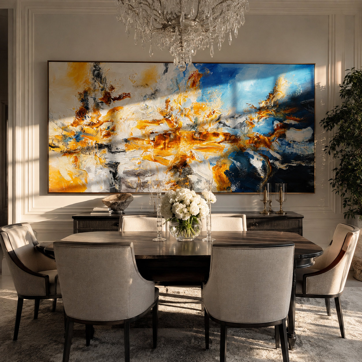 Amber and navy abstract painting displayed above an entryway console table