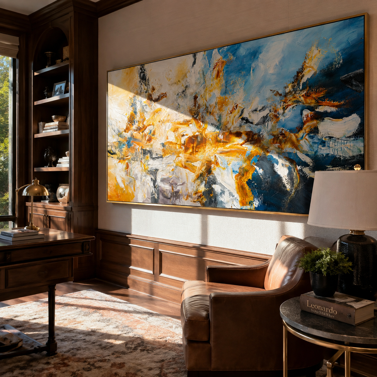 Panoramic abstract painting shown above a white sectional sofa