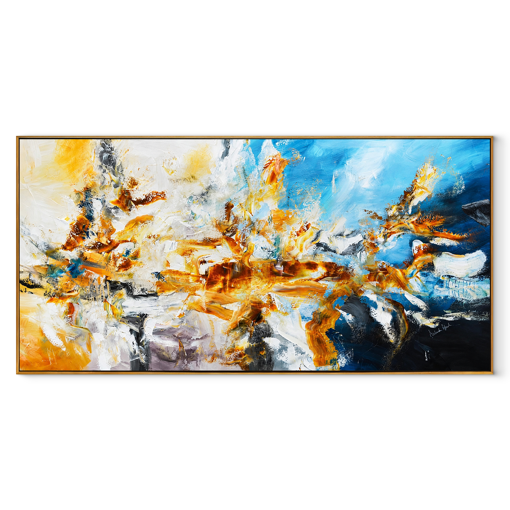 Blaze Against Blue abstract painting in a wood floating frame on white background
