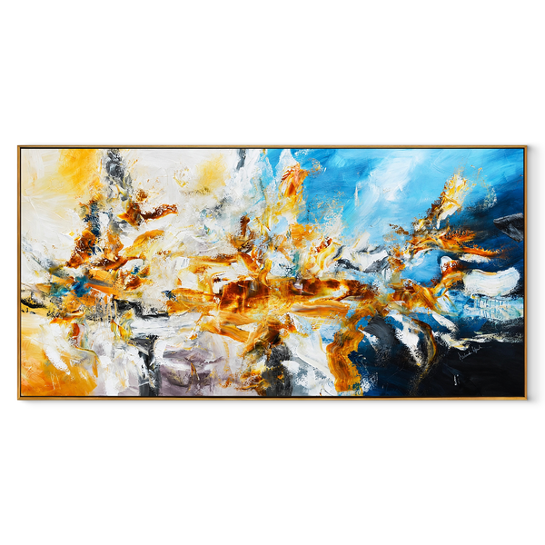 Blaze Against Blue – Amber & Navy Abstract Painting | Bold Panoramic Living Room Wall Art