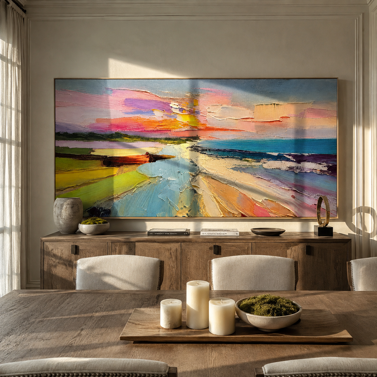 Colorful sunset beach painting displayed above a living room fireplace